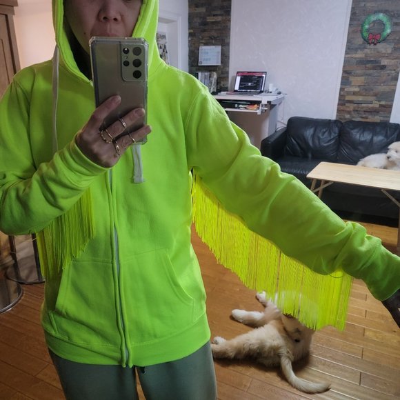Neon Zip Up Hoodie with Fringe Sleeves - Picture 6 of 6